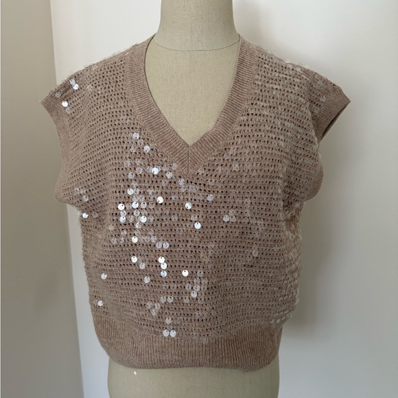 Sweaters - Sequin Embellished Tan Sweater Vest